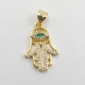 Golden Hamsa Hand pendant with emerald gemstone and sparkling white zircons - Hamsa Hand Green Zircon DL0154