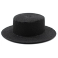Close-up of black straw boater hat showing fine circular woven texture and flat top - M (56-58cm) / Black