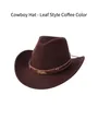 Detail of a brown cowboy hat featuring a woven band and a gold leaf-shaped metal buckle - Leaf Style / Coffee