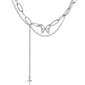 Double-layered silver butterfly pendant necklace with paperclip chain and star tassel - Silver Butterfly Star Tassel Double Layer Necklace