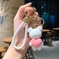 Cute white knitted bear keychain with pink heart and braided wrist strap - Bear (B255-2) / Single Piece / White