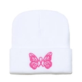 Close-up of pink butterfly embroidery with ribbon on white knit beanie hat cuff - M (56-58cm) / White