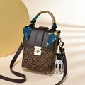 Brown vintage printed crossbody bag with handle scarf and small bear charm - Black