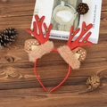Christmas reindeer antler headband in red with brown ears and green beads on wood background - Red Plush Antler Headband