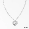 Modern silver heart pendant necklace with vertical stripes and paperclip chain style - Silver Necklace (D1359)