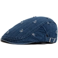 Béret en jean bleu foncé avec trous usés rétro et boucle réglable en métal - Réglable / Bleu