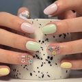Pastel short round press-on nails with colorful rhinestones and floral macaron design - Glue Style(JP2839)