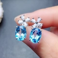 Micro-set aquamarine zircon flower drop earrings with silver finish and oval blue stones - Aqua
