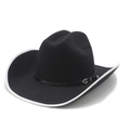 Classic black felt cowboy hat with white brim piping and silver buckle leather band - M (56-58cm) / Black with White Binding