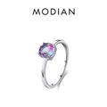 S925 Sterling Silber Ring mit rundem Regenbogen-Edelstein in klassischer Vier-Krallen-Fassung - Rund / US-Größe 5
