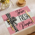 Pink striped Thanksgiving placemat featuring Farm Fresh Pumpkin design and a plaid bow - Pink White Stripe Farm FRESH Pumpkin