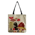 Detail of cute mushroom print on beige canvas tote bag with black durable handles - Big-eyed Cartoon Mushroom (hm0837)