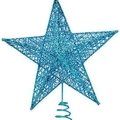 Blue glittery star tree topper with wired mesh structure and spring base stand - 20cm / Lake Blue