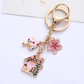 Porte-clés mignon en émail avec breloques champignon, fleur et maison dorée - Rose