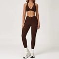 Women's deep brown yoga set featuring V-neck sports bra and high waisted cross waist leggings - 2044 Bra + 2030-1 Pants - Coffee Brown