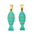 Coppia di ciondoli a forma di pesce in acciaio inossidabile placcato oro 18K e smalto - Verde