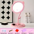 Pink cat-eared desktop makeup mirror with DIY rhinestone kit and jewelry storage base - Pink Cat Mirror + DIY Rhinestone Kit / Pink
