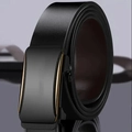 Men's black leather belt with black alloy buckle and gold trim in a coiled display - Alloy/PU / 110cm / Gold