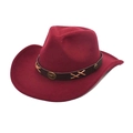 Detailed view of the dark red wool cowboy hat with leather band and bull head emblem - Burgundy