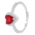 Silver open ring featuring a vibrant red heart gemstone surrounded by clear crystals - Open Ring (N-897) / Red Heart