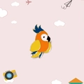 Vibrant parrot enamel brooch with orange body and blue crest on a cute pastel background - Bird