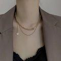 Double-layered 18K gold plated steel necklace featuring a paperclip link and round pendant - Safety Pin Clasp Style / Gold