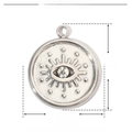 Macro detail of stainless steel evil eye charm with rhinestone and 13mm diameter scale - YE338 Round Evil Eye Charm