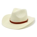Ivory woven straw fedora hat with a brown velvet band and golden M buckle detail - M(56-58cm) / Cream