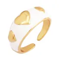 Adjustable copper ring with white enamel finish and raised golden heart patterns - White - Embossed Heart