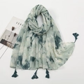 Ethnic bohemian cotton linen scarf with green tie-dye print and decorative tassels - 180*90CM / Light Green Ink Texture (XB903)