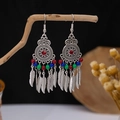 Bohemian vintage silver earrings with red stone and feather tassel in ethnic style - Retro Silver + RGB Beads + Feather (E2755-14/Antique Silver)