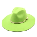 Close-up of lime green wool fedora with cream leather band and gold buckle detail - M (56-58cm) / Fruit Green