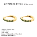Micro-pave green peridot stone 13mm hoop earrings in polished gold finish stainless steel - August Light Green - Gold