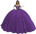 Elegant purple off-shoulder ball gown with shimmering sequins and layered tulle - Purple with Train