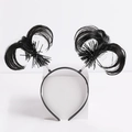 Detail view of the black plastic headband featuring synthetic fiber wing-like feathers - Single Headband / Black Wig