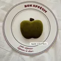 Dark green velvet apple ornament with brown stem on white porcelain plate, 6.5cm by 8cm - Apple-02 (Green)