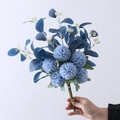 Handheld bouquet of blue artificial pompon chrysanthemums with eucalyptus leaves - Dark Blue