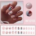 Pink short press-on nails with map map coordinates and location icons set of 24 pieces - W1010 Glue Style (W1010)