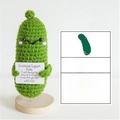 Detail of crochet pickle doll with message card on wooden base and size specs - Cucumber Style 1 with Large Card and Base