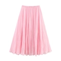Elegant light pink pleated maxi skirt with fine texture and elastic high waist design - S / Pink