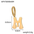 Detailed macro view of gold letter M stainless steel pendant with size and weight dimensions - Letter-M / Gold