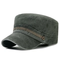 Army green washed cotton flat top military cap with a vintage metal button accent - Adjustable / Green