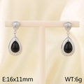 Silver teardrop earrings with large black cat-eye stone and textured metal border - 16x11mm / Steel Color Shell Texture Black Cat Eye Style (KE115924-GC)