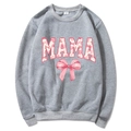 Gray Mama Est 2025 Coquette Hoodie with pink bow and letter print on white background - Light Grey Slogan