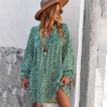 Green long sleeve V-neck maxi dress with white polka dots in a relaxed casual fit - S / Green