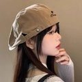Detailed side view of khaki canvas beret hat with embroidery and metal buckle detail - Khaki Polar Bear