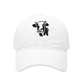 Close-up of the detailed black cow embroidery on a white cotton washed baseball cap - Adjustable / White