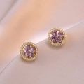 Elegant gold earrings featuring purple heart zircon flowers on champagne silk fabric - Golden Rotating Earrings / Gold