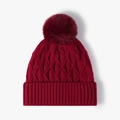 Winter wine red cable knit beanie featuring a fluffy faux fur pom-pom and thick ribbed cuff - One Size(Adjustable) / Burgundy