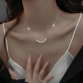 French style titanium steel necklace featuring five gradient white pearls on a silver chain - Pearl Smile Necklace / Silver